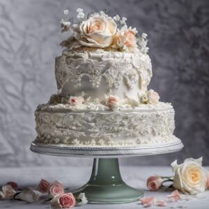 A white wedding cake with flowers on top of it.